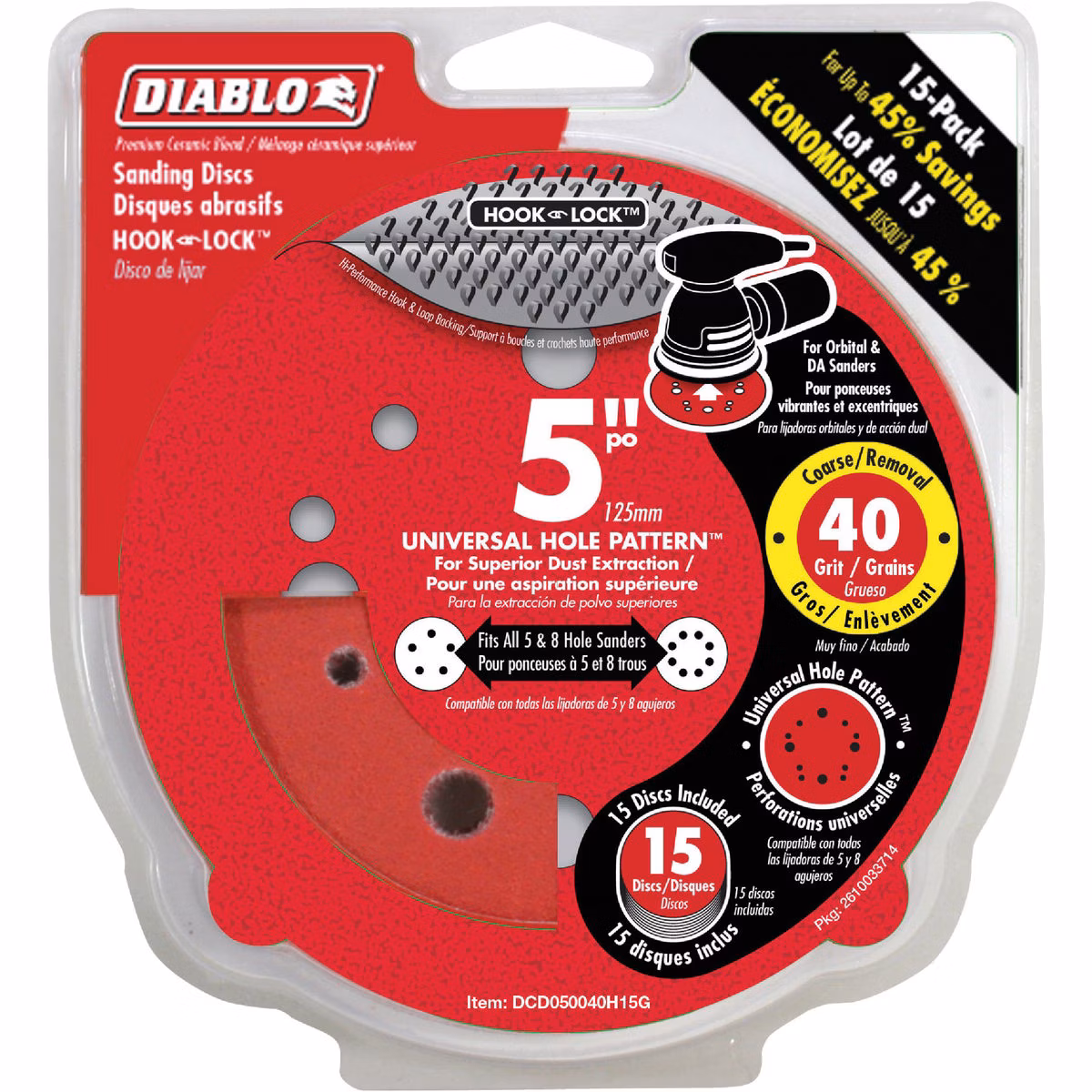 Diablo 5 In. 40-Grit Universal 12-Hole Vented Sanding Disc with Hook and Lock Backing (15-Pack)