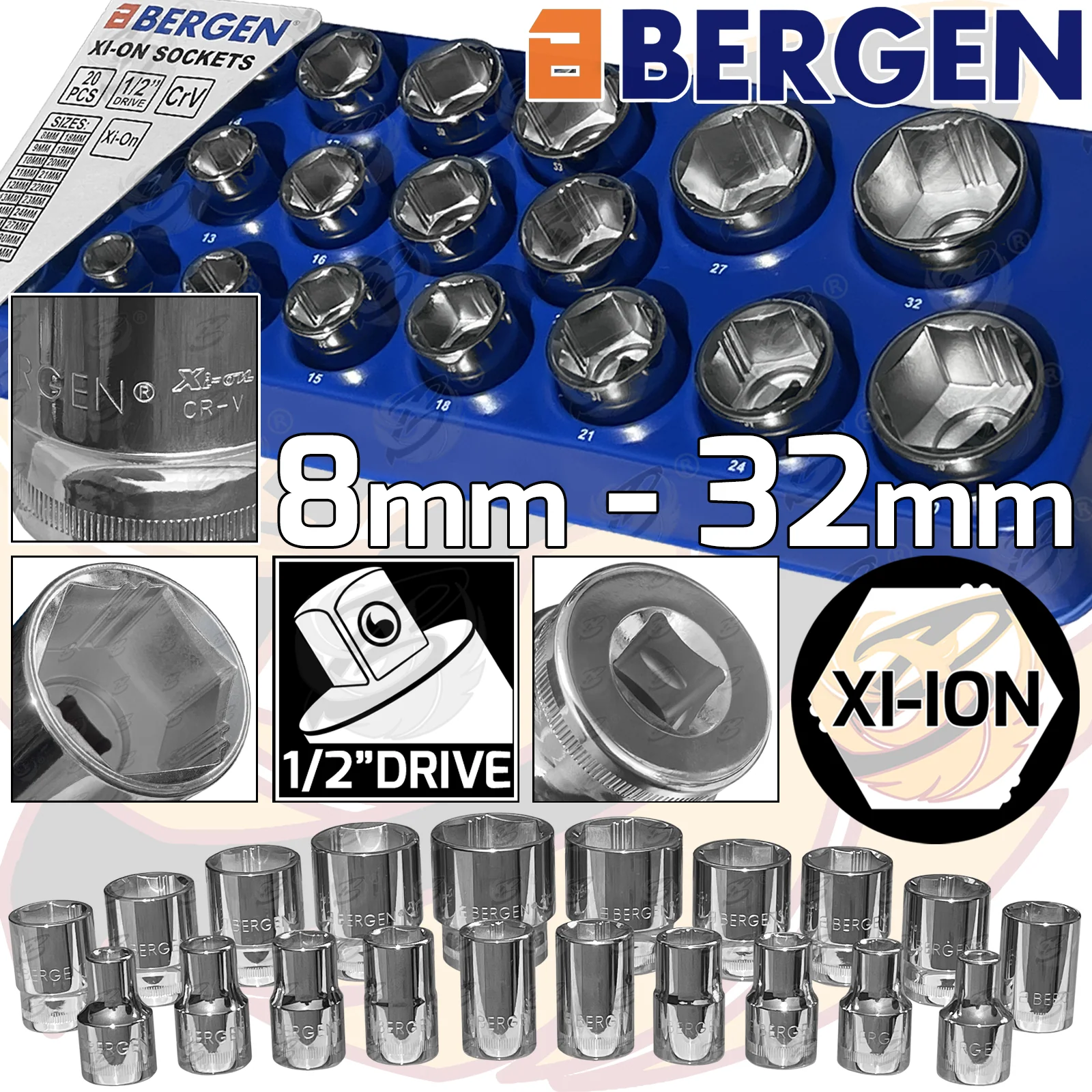 Bergen 20 Piece 1/2″ Drive 6 Point Shallow Xi – Ion Sockets 8mm – 32mm  1166