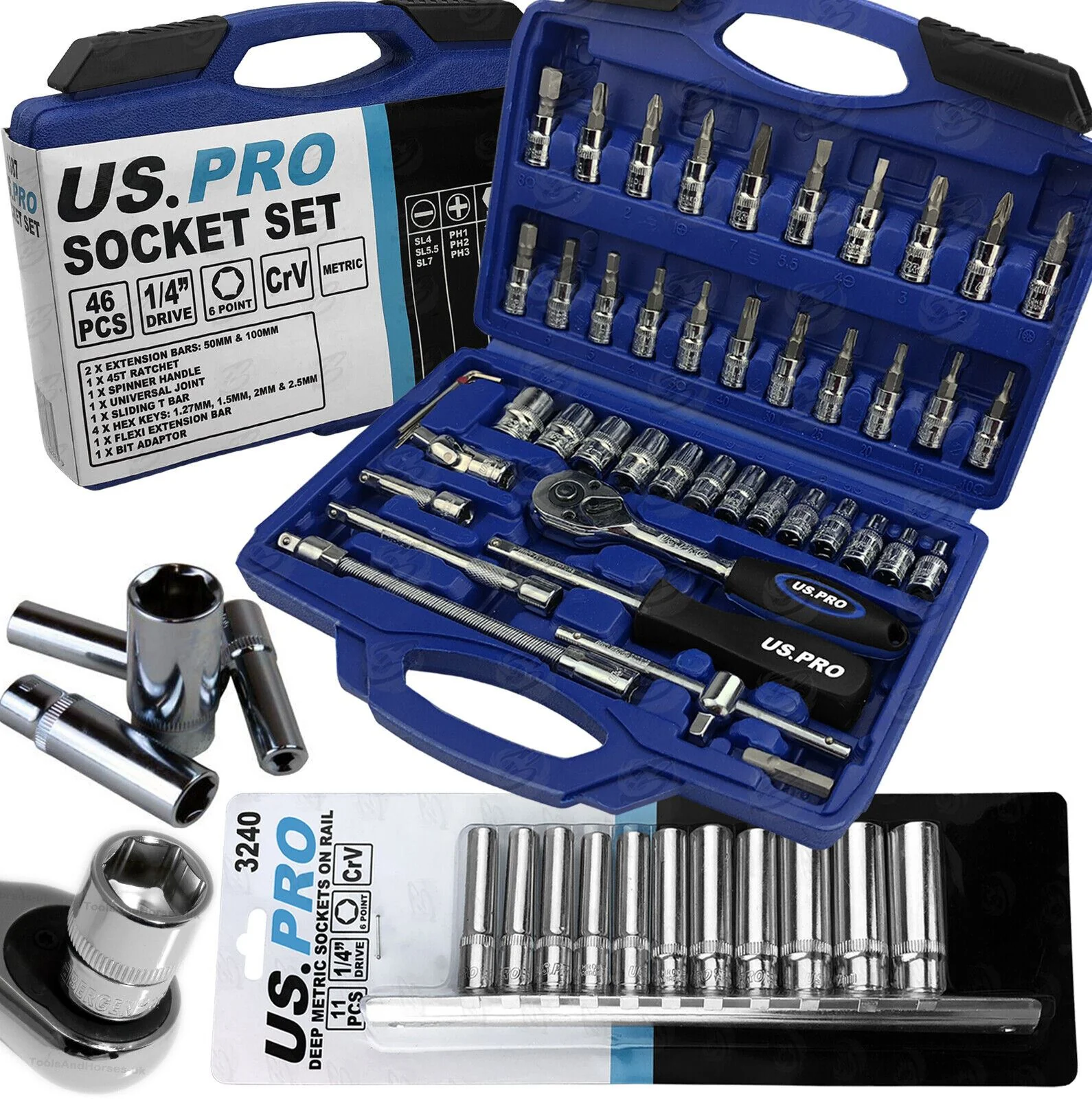 US Pro 57 Piece 1/4″ Drive 6 Point Deep & Shallow Socket Set 4mm – 14mm  1387 & 3240