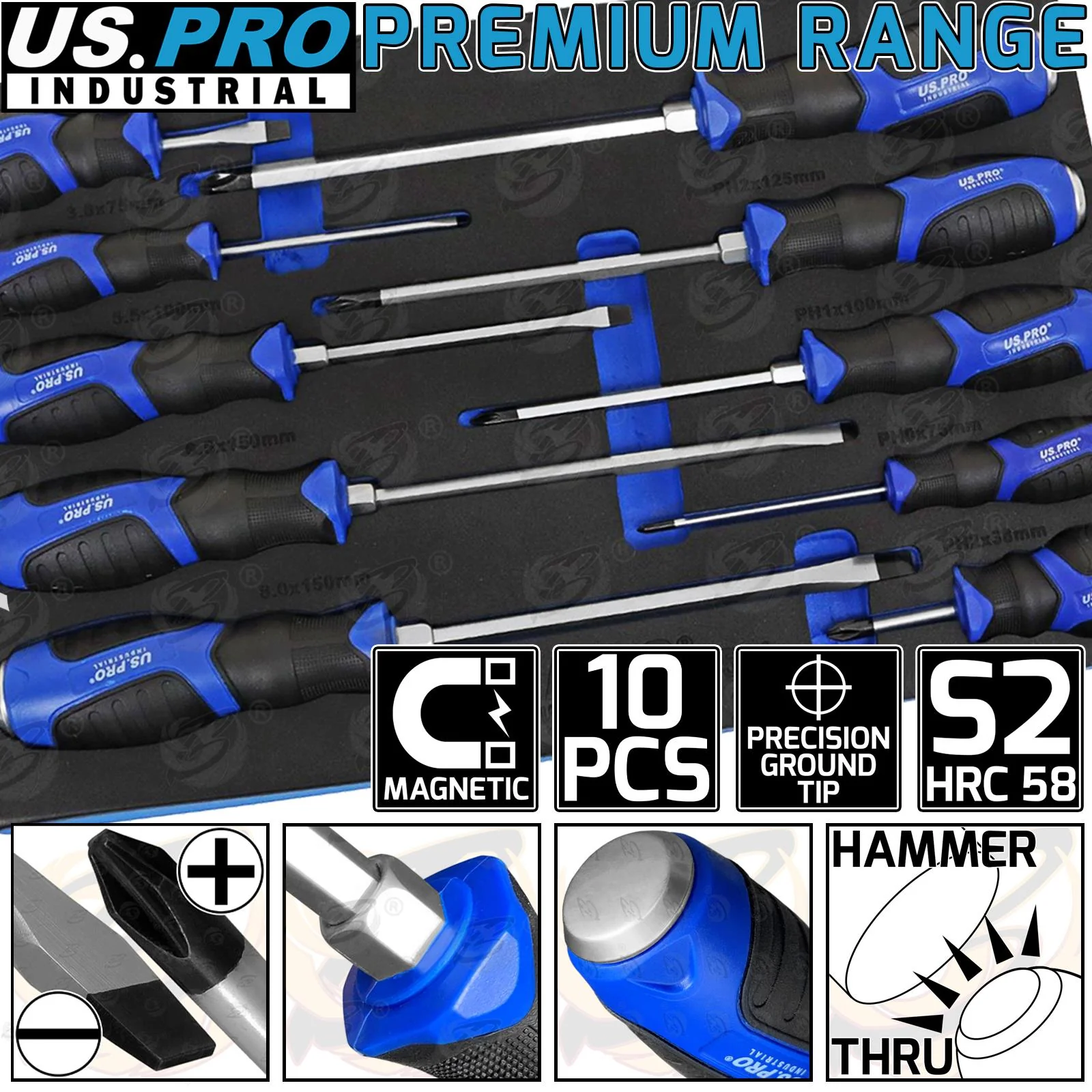US Pro Industrial 10 Piece Magnetic Go Through Screwdriver Set ( Slotted – PHillips )  4544