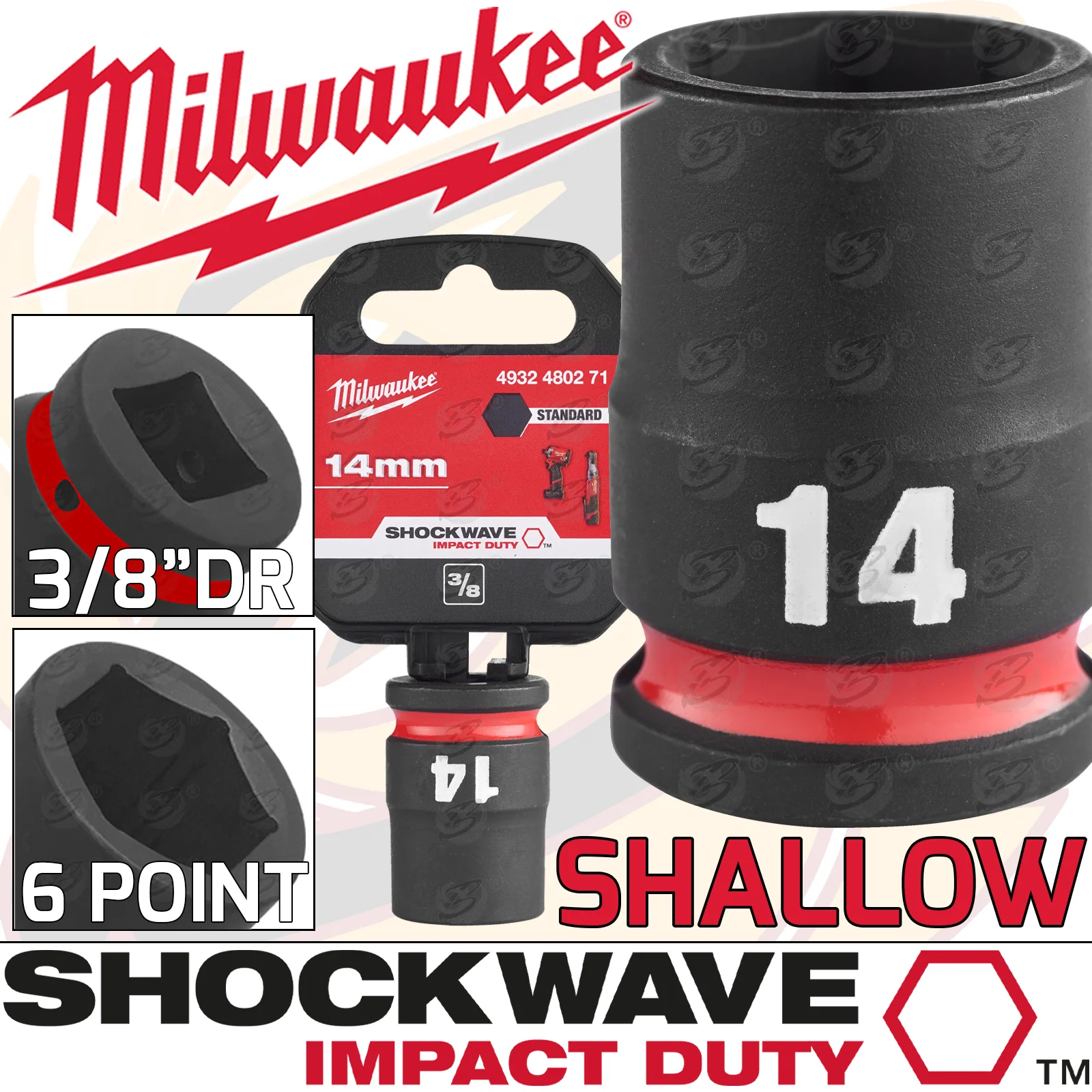Milwaukee 14mm 3/8″ Drive 6 Point Shallow Impact Socket ( Single ) ( 4932480271 )