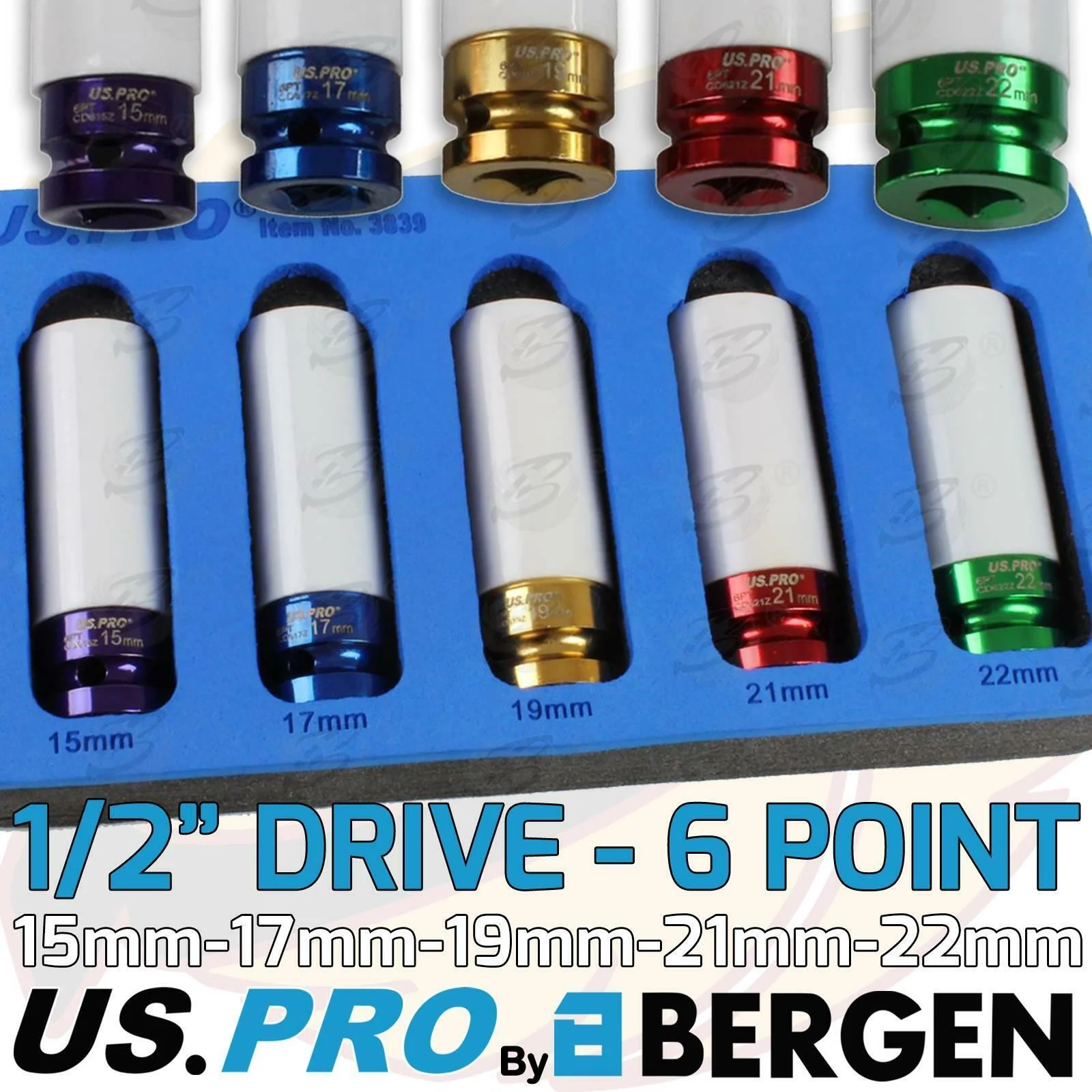 US Pro 5 Piece 1/2″ Drive 6 Point Alloy Wheel Nut Sockets 15mm – 22mm  3839