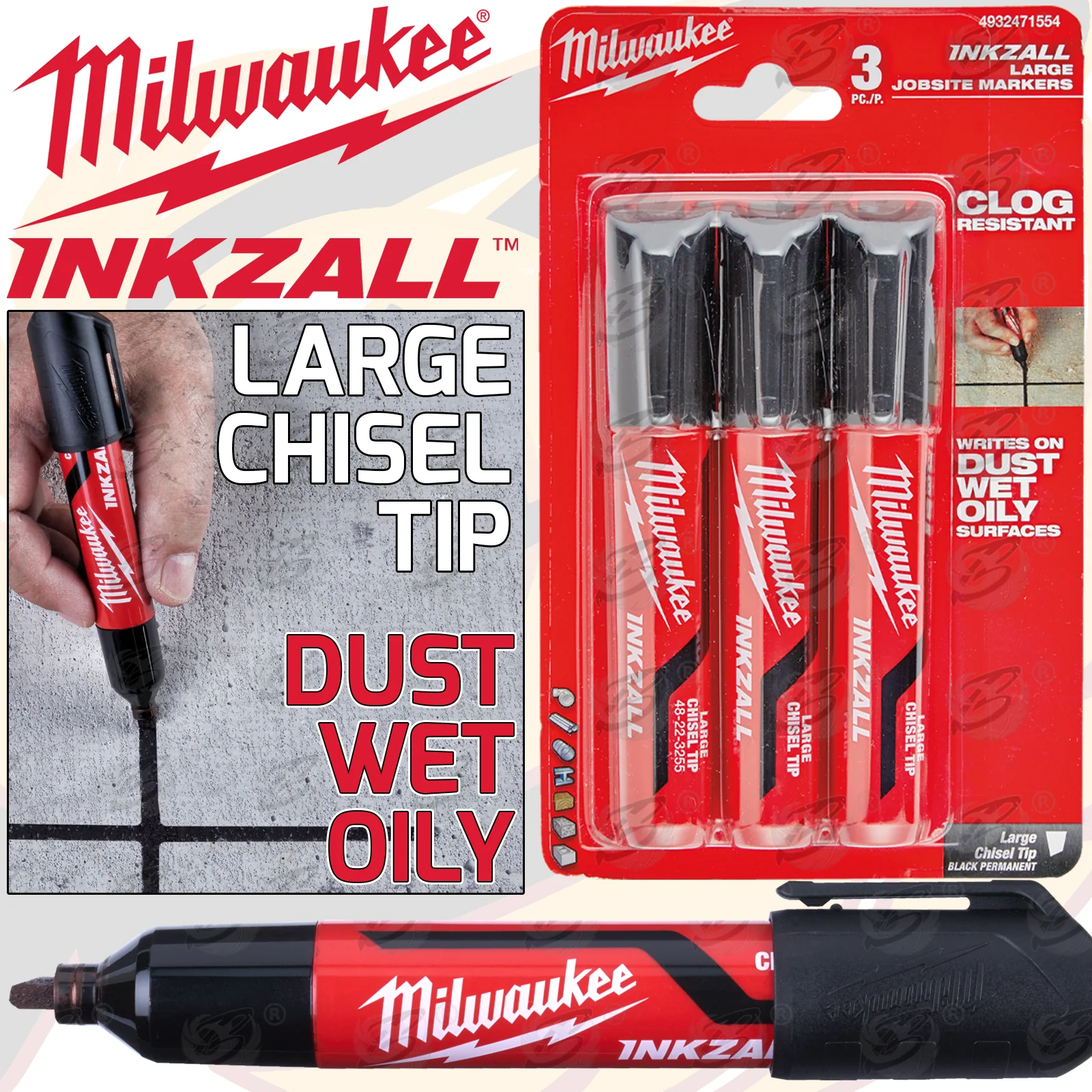 Milwaukee Inkzall Large Chisel Tip All Surface Marker Pens ( x 3 ) ( 4932471554 )