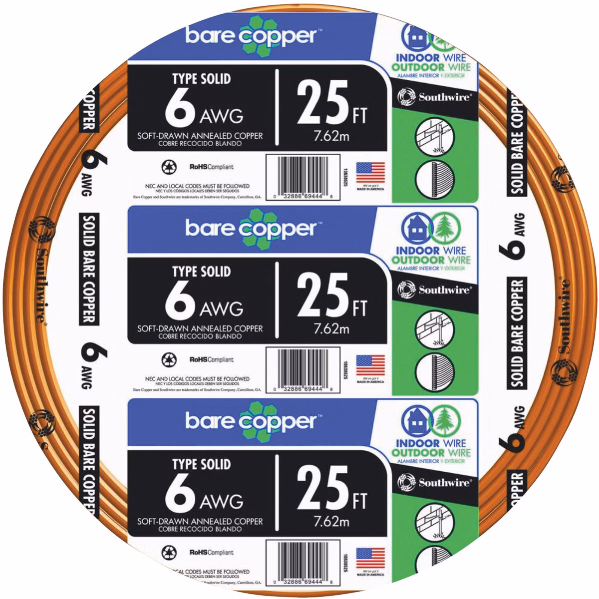 Southwire 25 Ft. 6AWG Solid Bare Ground Electrical Wire