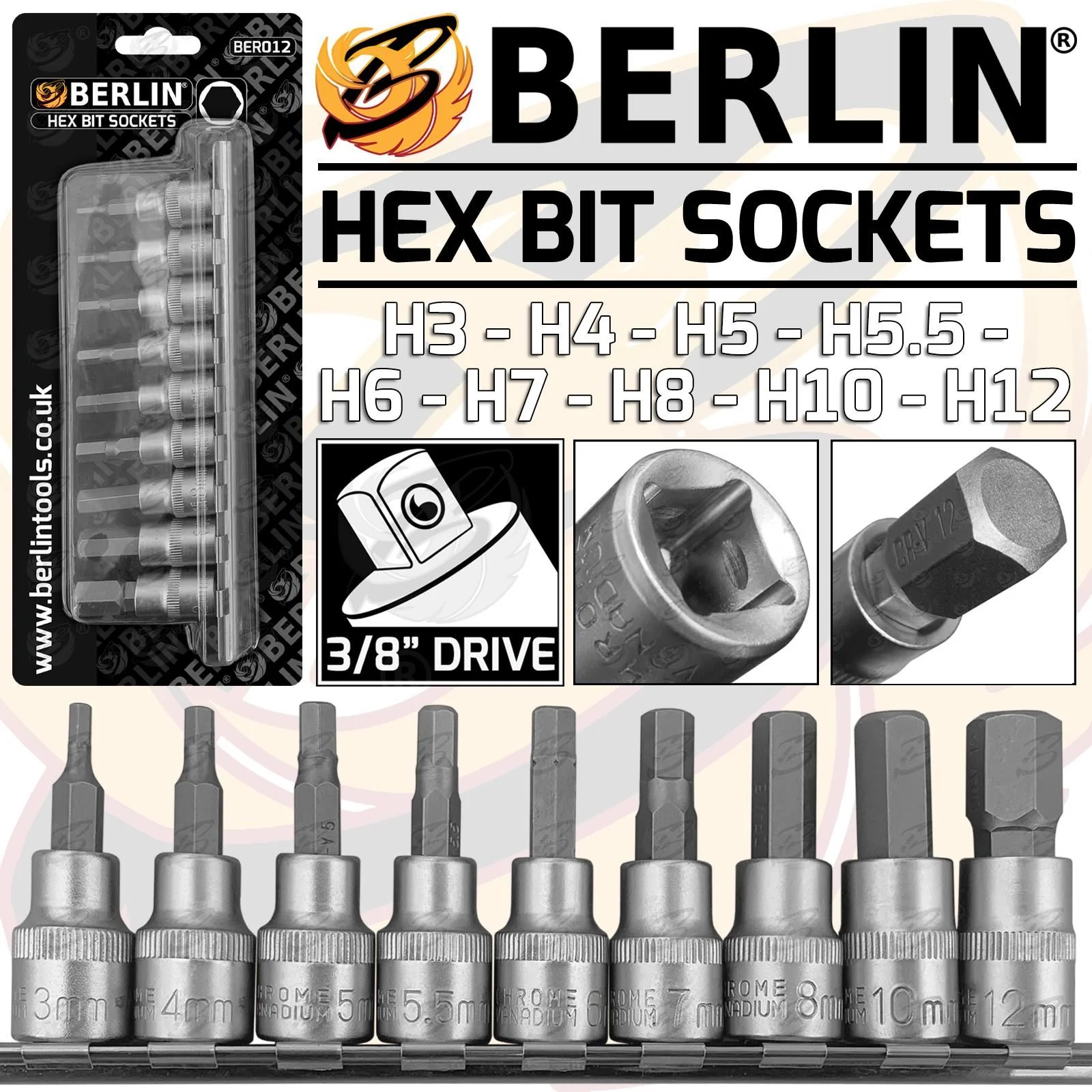 Berlin 9 Piece 3/8″ Drive Hex Bit Sockets H3 – H12 ( BER012 )
