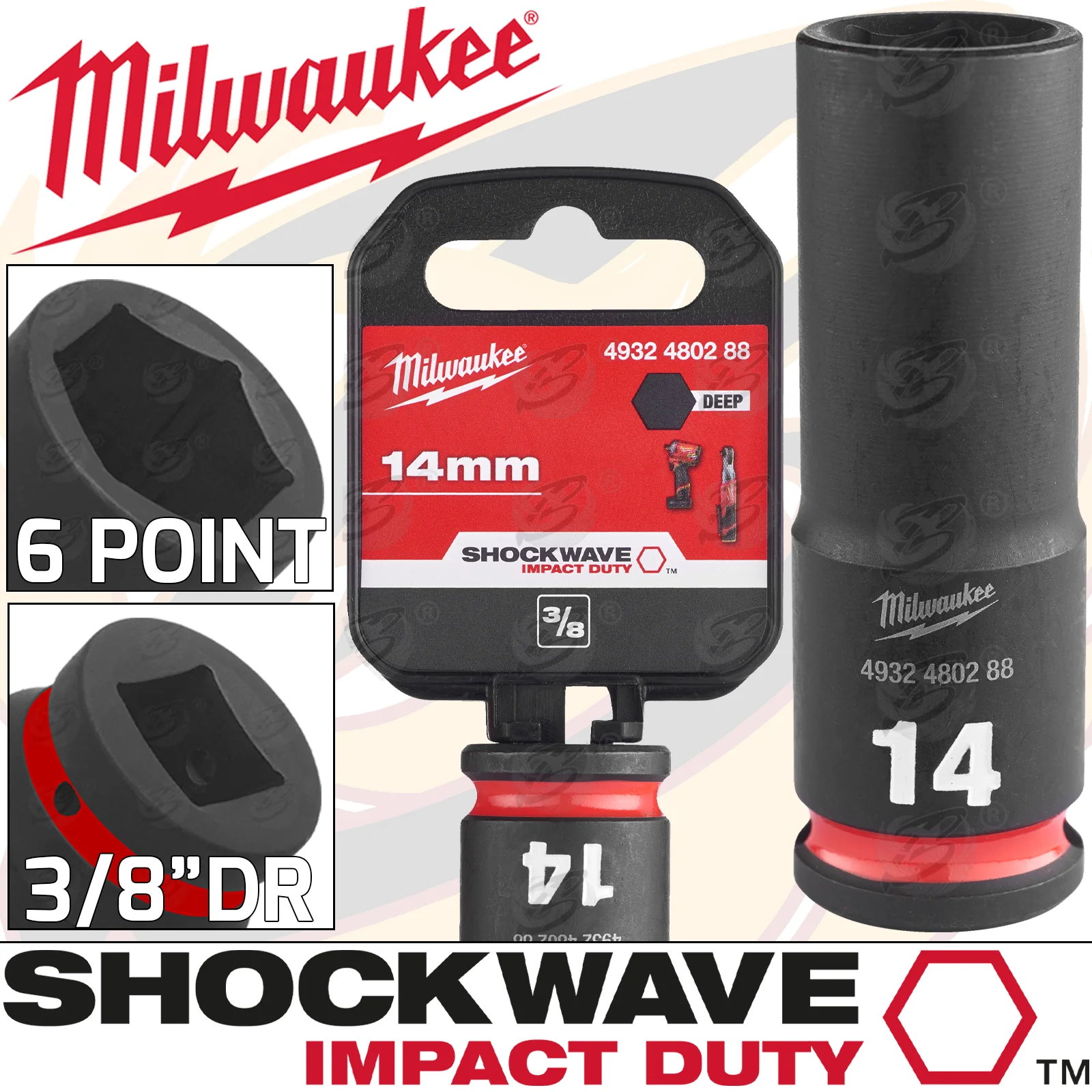 Milwaukee 14mm 3/8″ Drive 6 Point Deep Impact Socket ( Single ) ( 4932480288 )