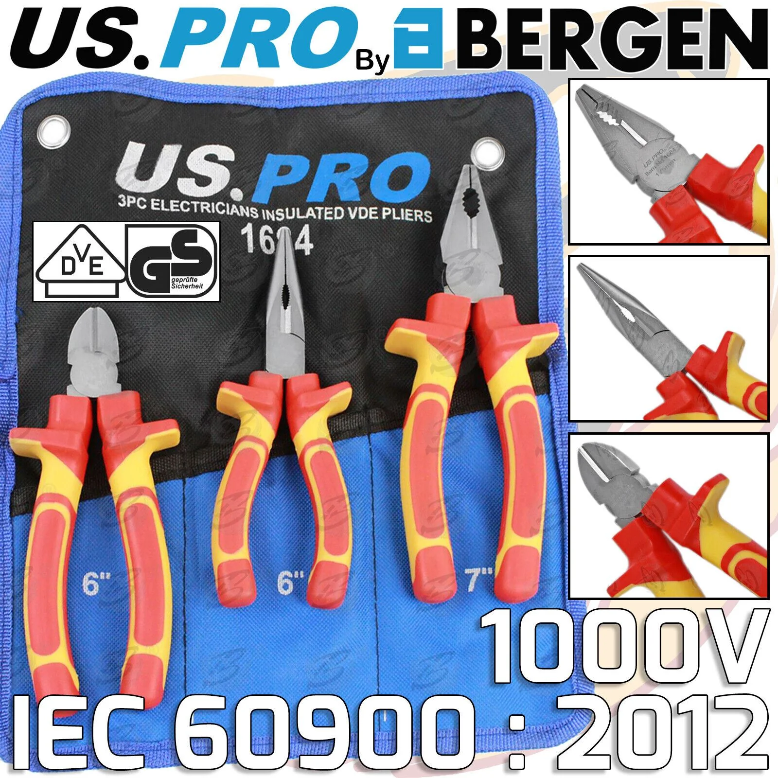 US Pro 3 Piece VDE pliers Set ( Combi – Cutters – Long Nose )  1684