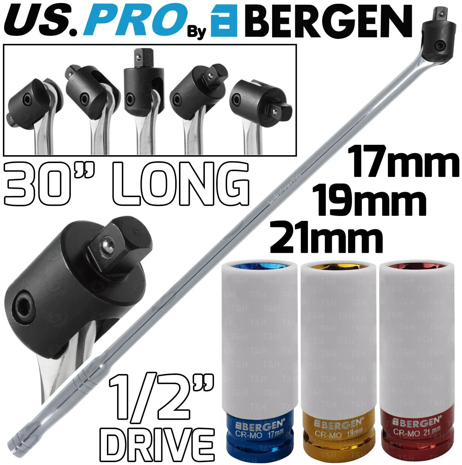 US Pro 1/2″ Drive 30″ Long Breaker Bar & 3 Piece 6 Point Alloy Wheel Nut Sockets 17mm – 19mm – 21mm  2094 & 3837