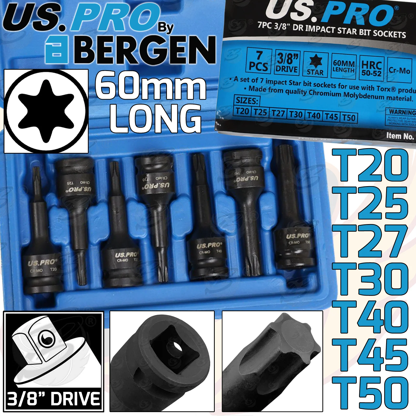 US Pro 7 Piece 3/8″ Drive Impact Torx Bit Sockets T20 – T50  3990