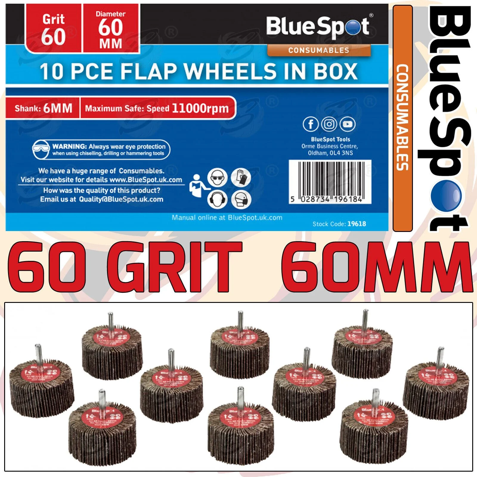 BlueSpot 10 Piece Flap Wheel Discs ( 60 Grit – 60mm ) ( 19618 )