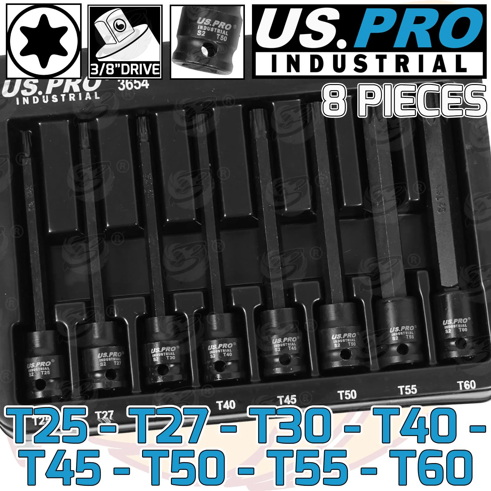 US Pro Industrial 8 Piece 3/8″ Drive Extra Long Impact Torx Bit Sockets T25 – T60  3654