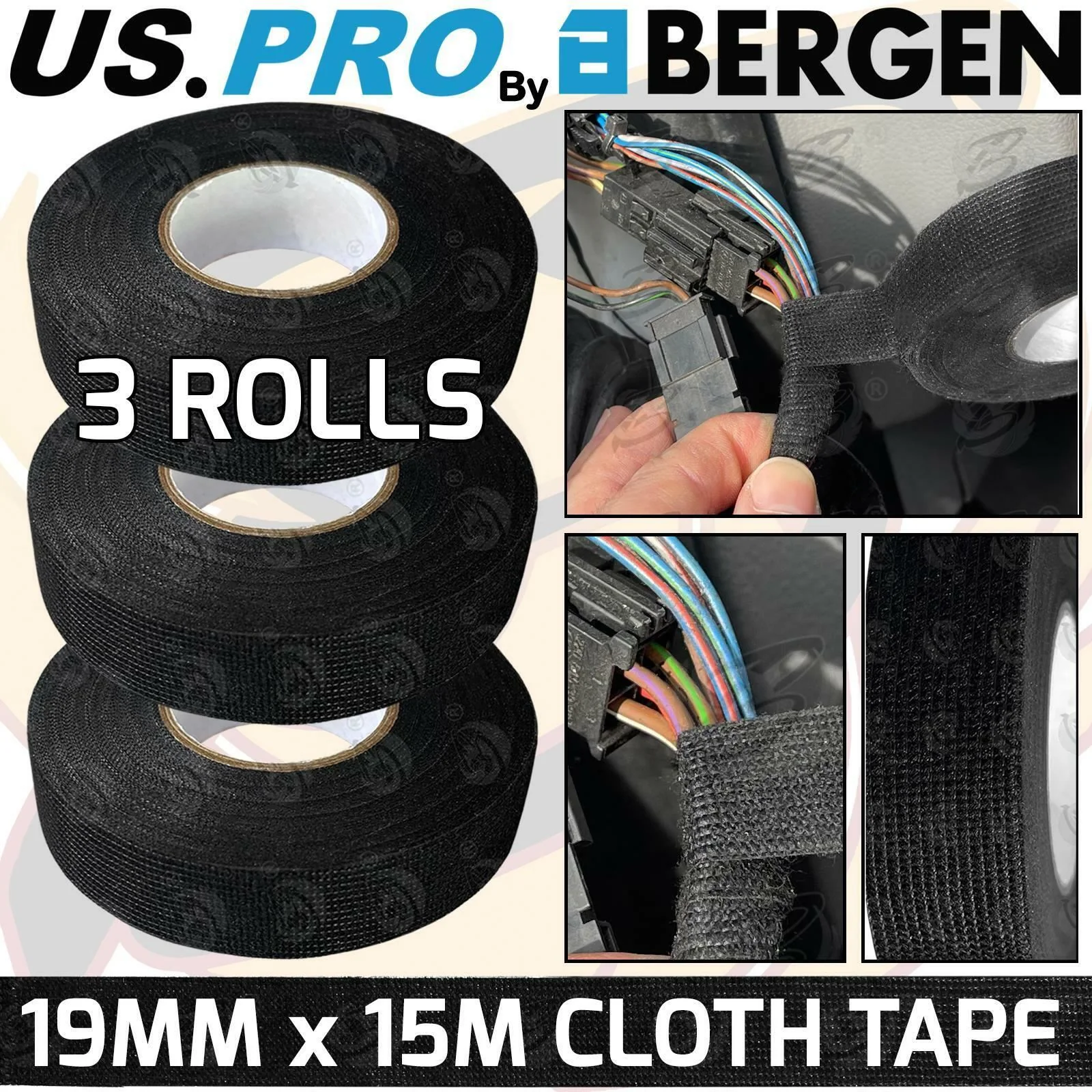 US Pro Wiring Loom Cloth Tape 19mm Fabric Adhesive Harness Insulation Electrical Tape 3  2885 ( x 3 )