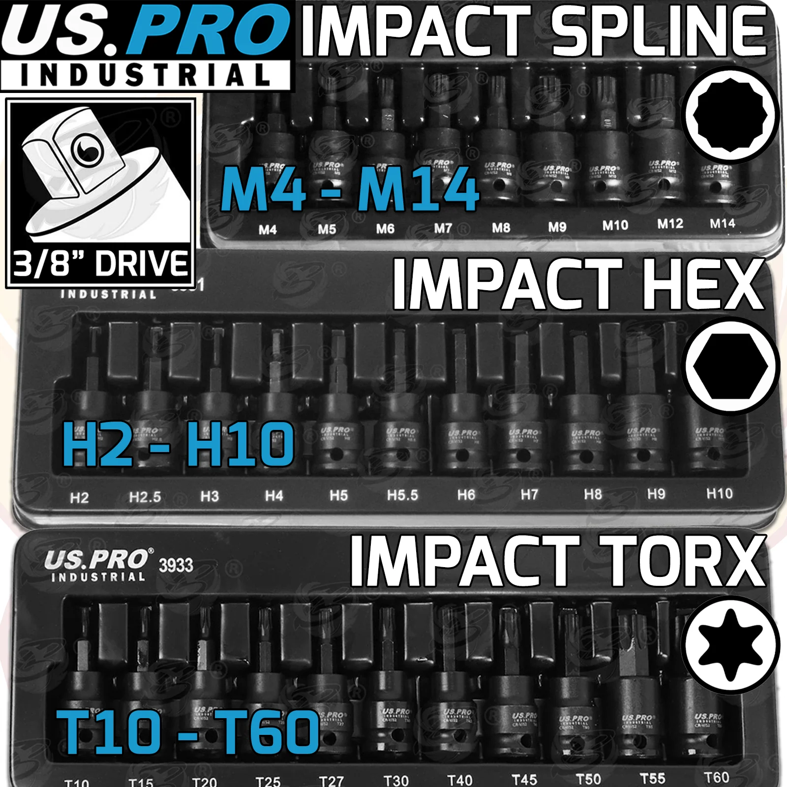 US Pro 31 Piece 3/8″ Drive Impact Hex – Torx – Spline Bit Sockets  3931 & 3932 & 3933