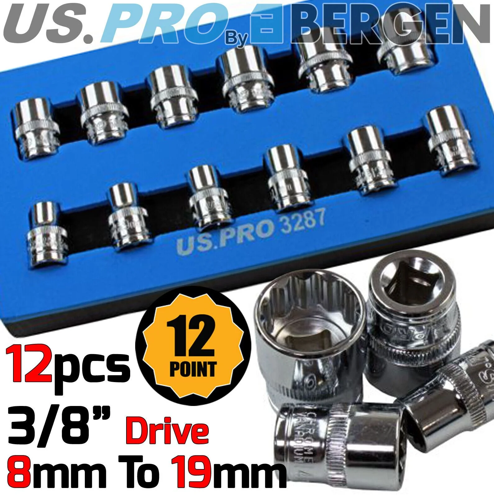 US Pro 12 Piece 3/8″ Drive 12 Point Shallow Sockets 8mm – 19mm  3287
