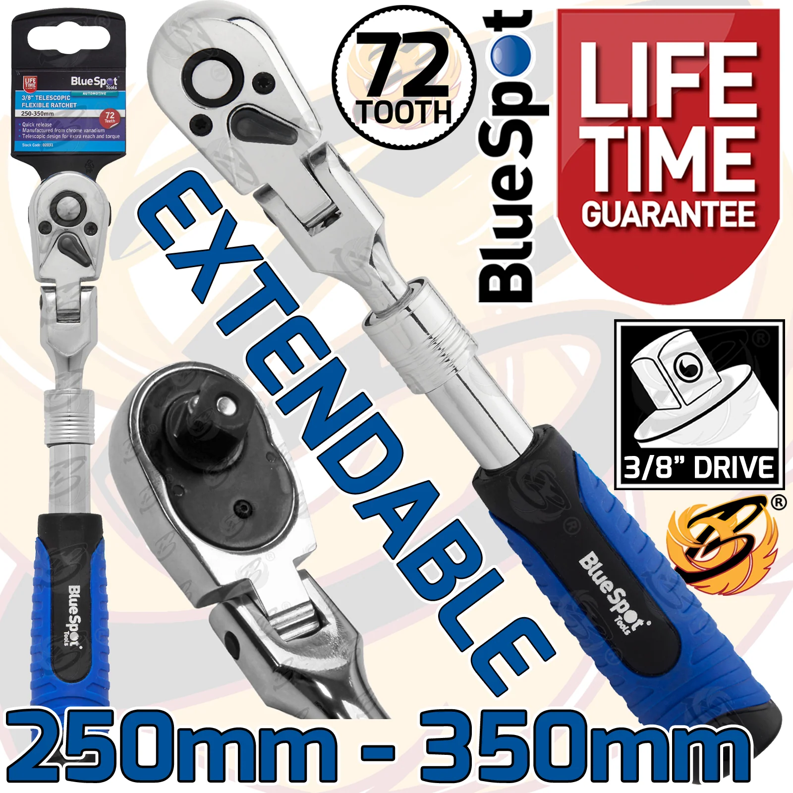 BlueSpot 3/8″ Drive 72 Tooth Extendable Flexible Ratchet Handle ( 250mm – 350mm ) ( 02031 )