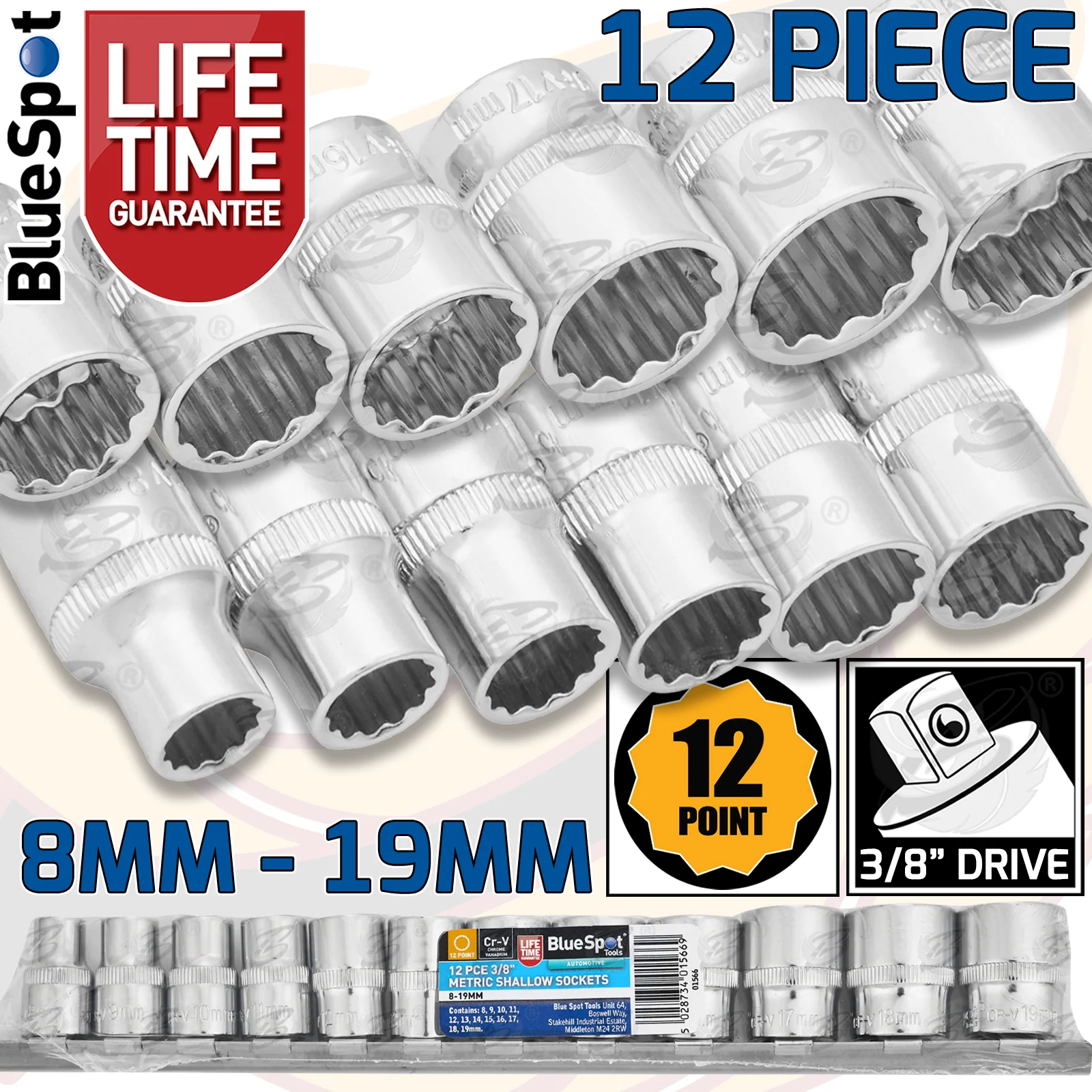BlueSpot 12 Piece 3/8″ Drive 12 Point Shallow Sockets 8mm – 19mm ( 01566 )