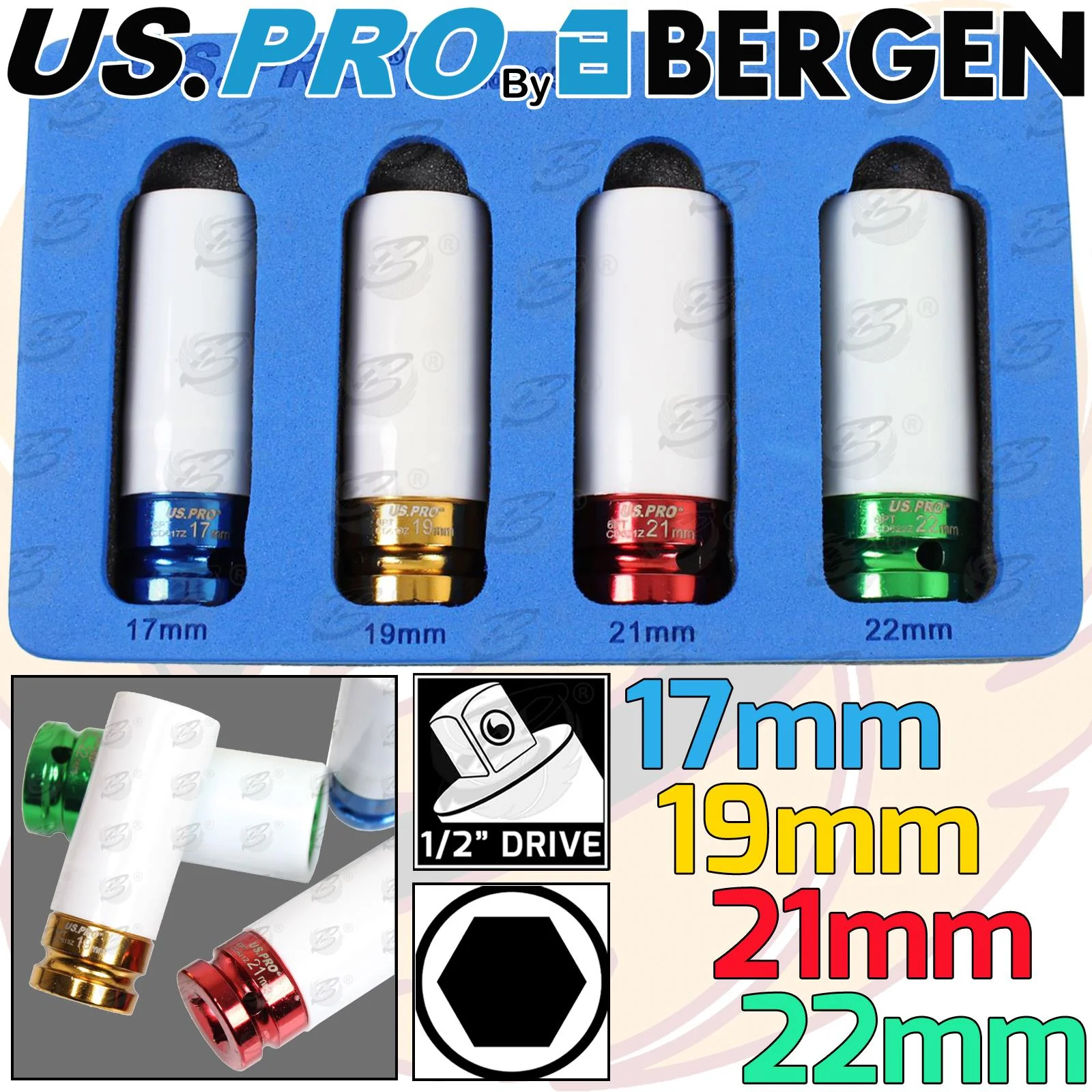 US Pro 4 Piece 1/2″ Drive 6 Point Alloy Wheel Nut Sockets 17mm – 22mm  3856