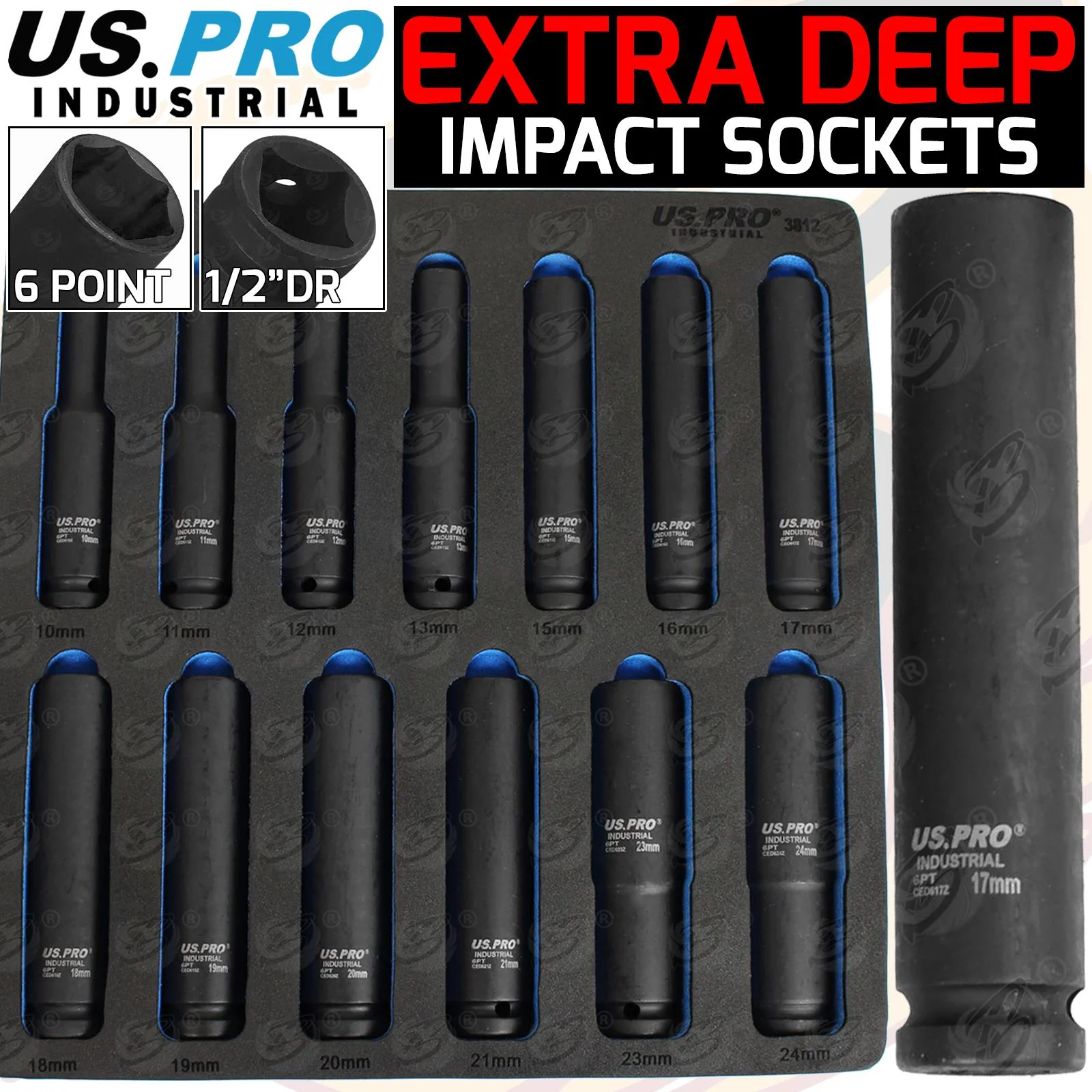 US Pro Industrial 13 Piece 1/2″ Drive 6 Point Extra Deep Impact Socket Set 10mm – 24mm  3812