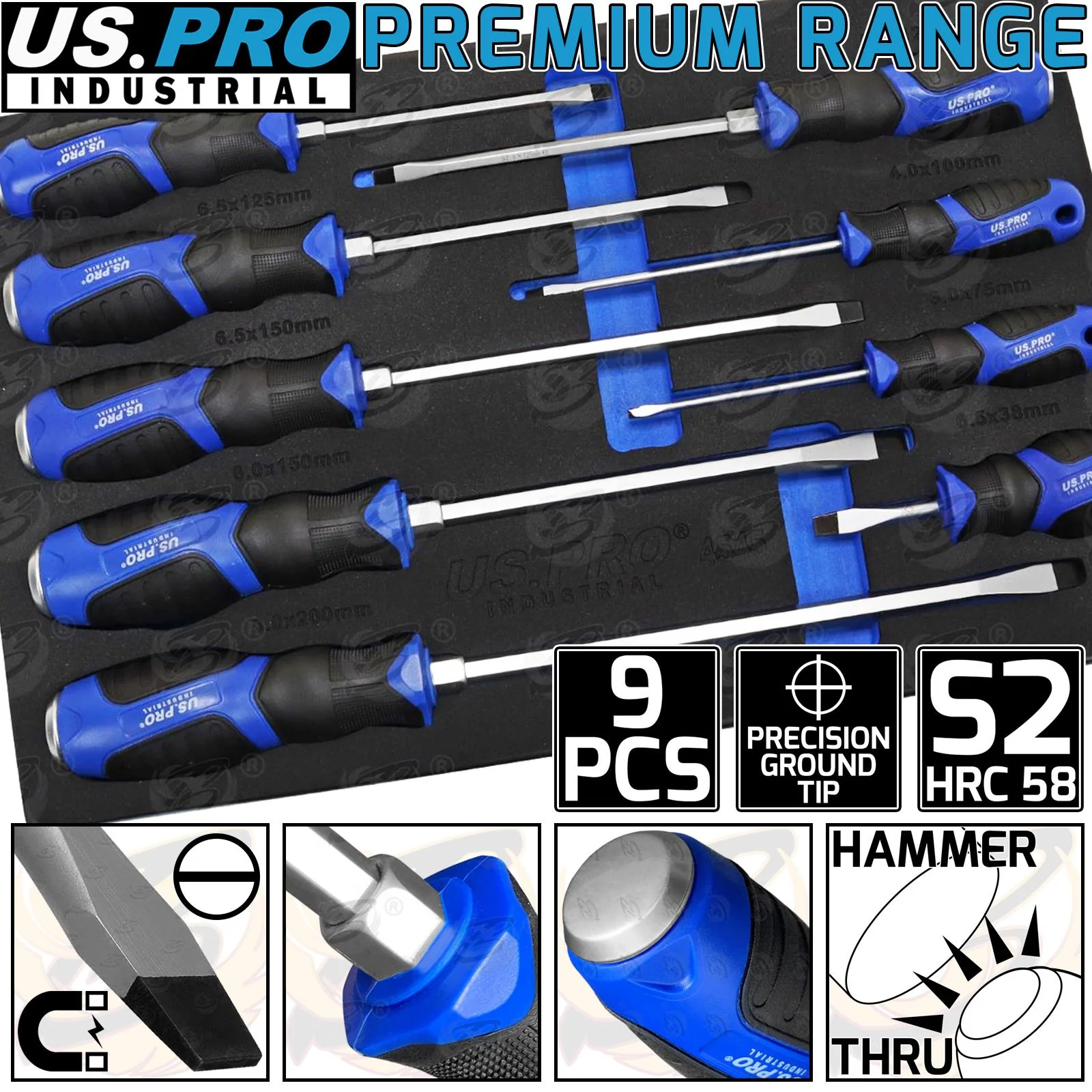 US Pro Industrial 9 Piece Magnetic Go Through Screwdriver Set ( Slotted )  4545