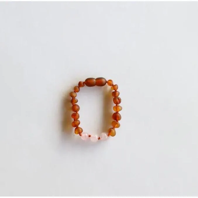 Canyonleaf Raw Cognac Baltic Amber + Rose Quartz – 5″ Baby Bracelet