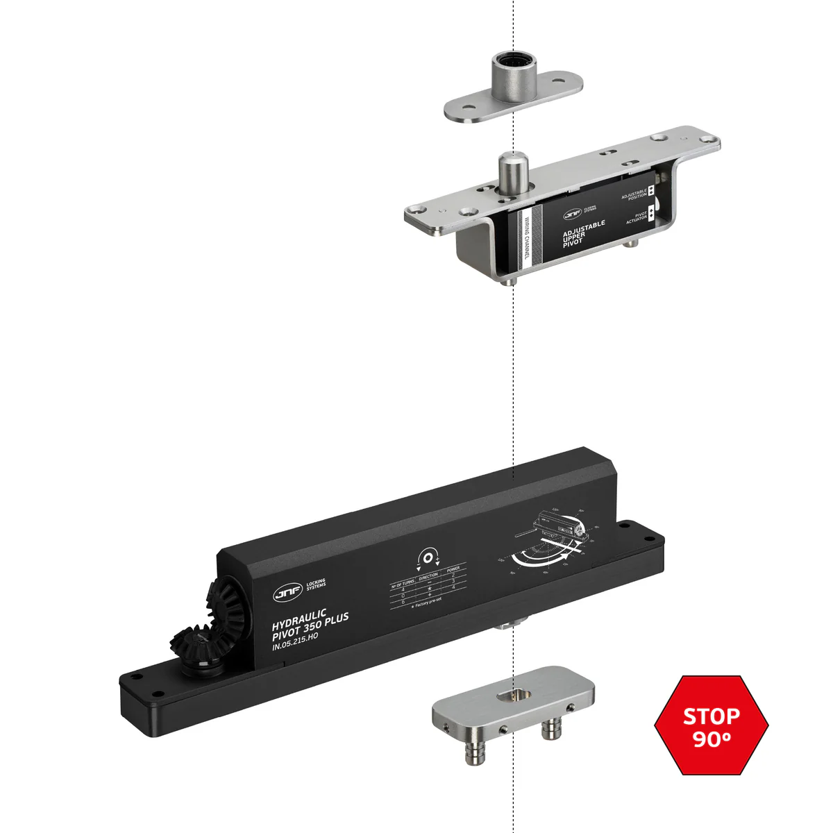 JNF Hydraulic Pivot, Power Adj, 350kg Max, 3000mmW Max – Hold Open 90