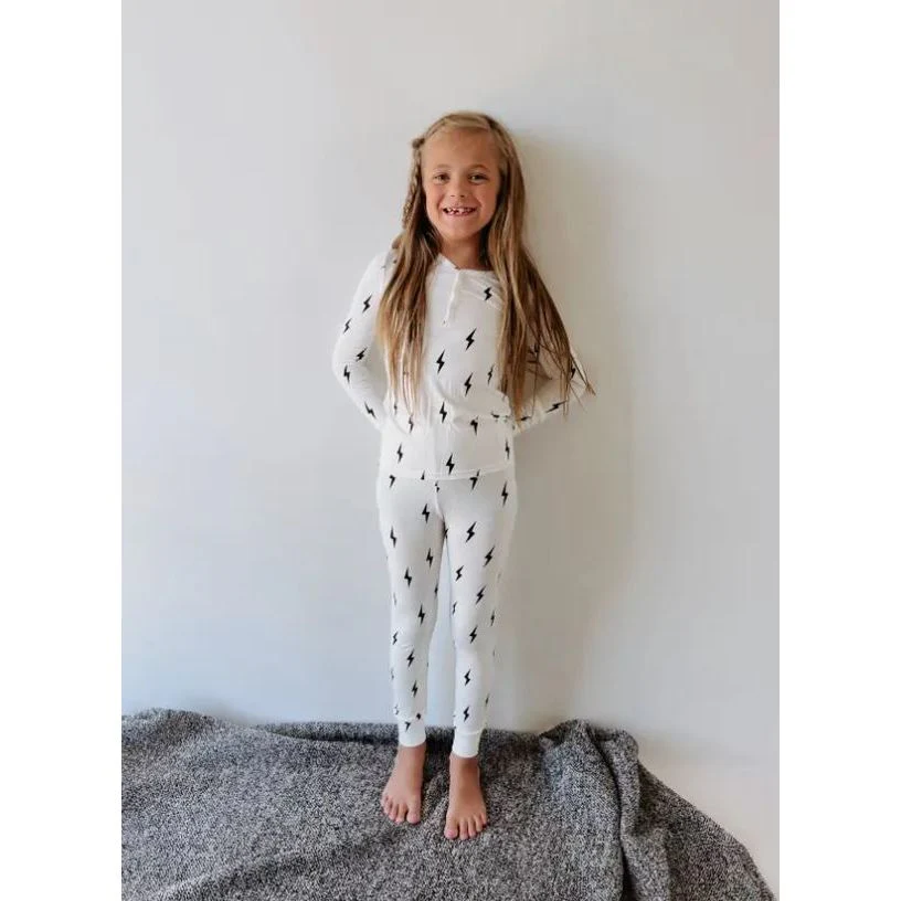 Forever French Bamboo  Two Piece Pajamas – Black & White Lightning Bolt