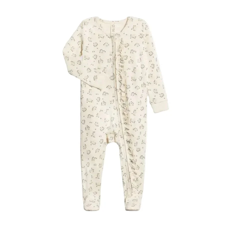 Colored Organics Neve Ruffle Zipper Footie – Hayden / Denim + Mist