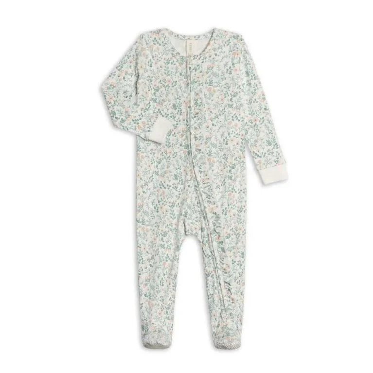 Colored Organics Neve Ruffle Zipper Footed Romper – Merion Floral / Laguna + Shell