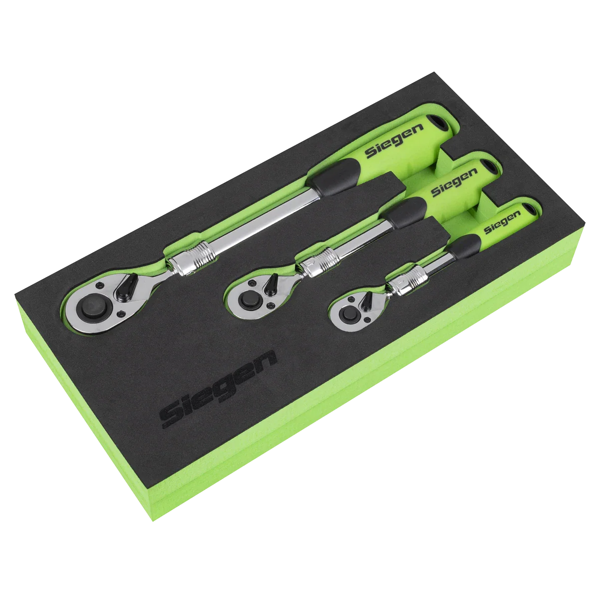 Siegen 3 Piece 1/4″ & 3/8″ & 1/2″ Drive 72 Tooth Extendable Ratchet Handles In EVA Foam Storage Block With A Manufacturers LifeTime Guarantee S01285