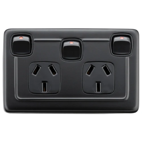 Tradco 3 Gang Flat Plate Rocker Switches With Double Socket