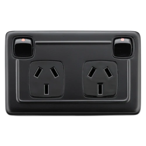 Tradco 2 Gang Flat Plate Rocker Switches With Double Socket