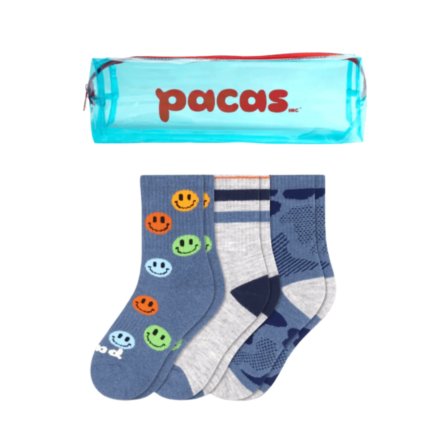 Pacas Kids’ Crew Socks 3 Pack- Smiley/Double Stripe/Camo