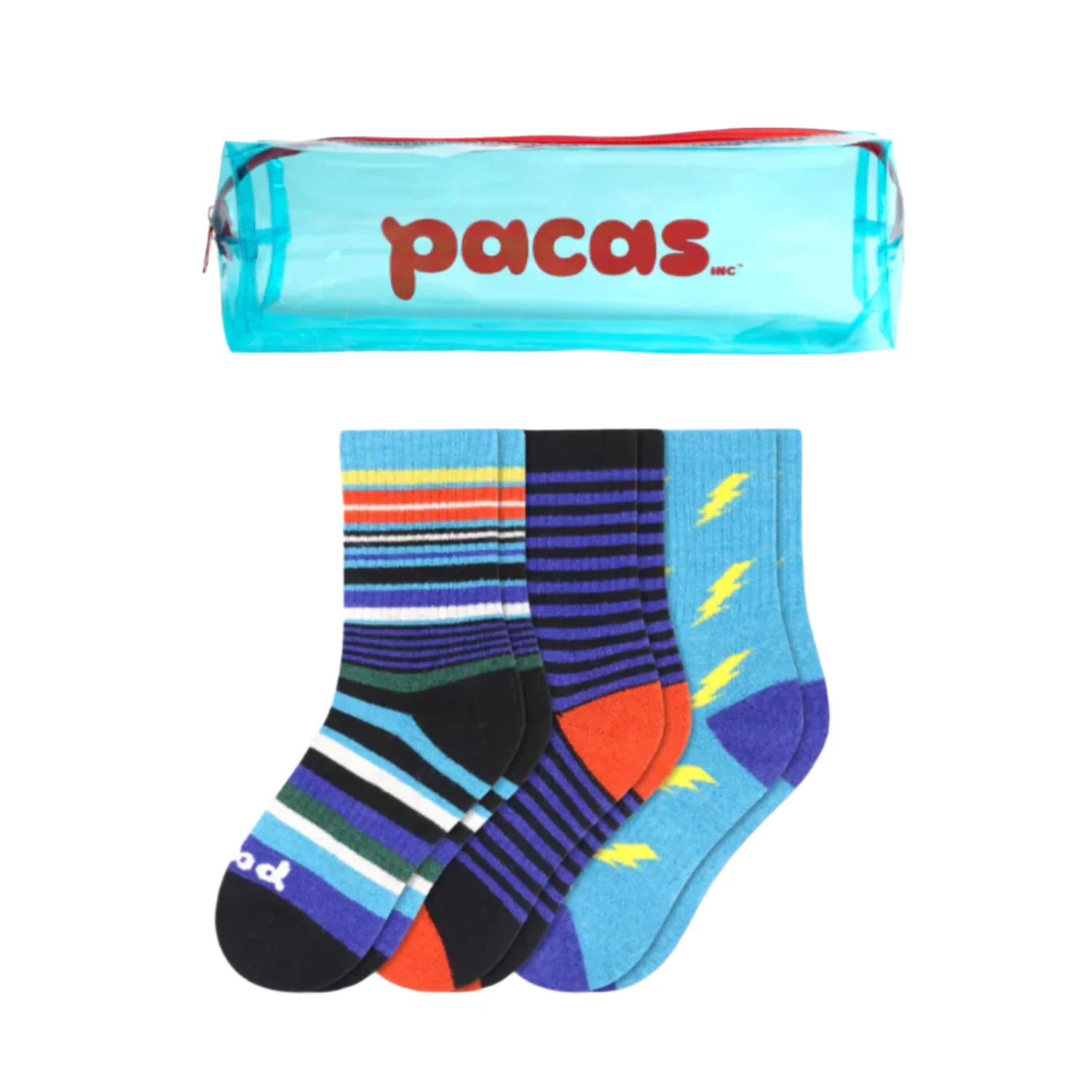 Pacas Kids’ Crew Socks 3 Pack- Stripes/Lightning