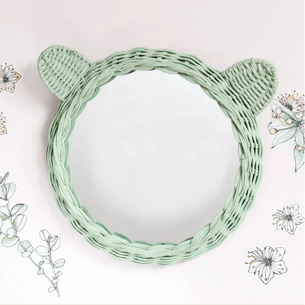 Tara Treasures Rattan Bear Mirror – Mint Green
