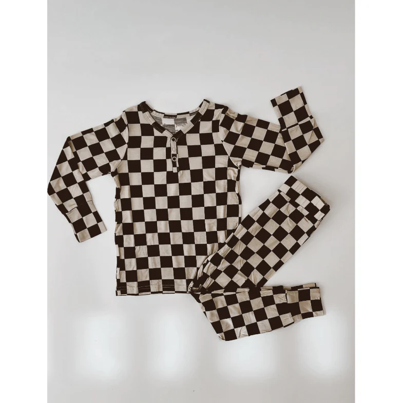 Forever French Bamboo Two Piece Pajama Set- Black Checkerboard