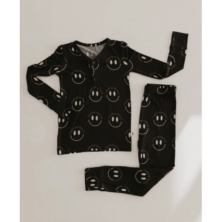 Forever French Bamboo Two Piece Pajama Set- Charcoal & White FF Smile