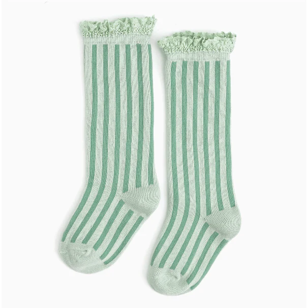 Little Stocking Co.- Lace Top Knee High Socks- Mint Stripe