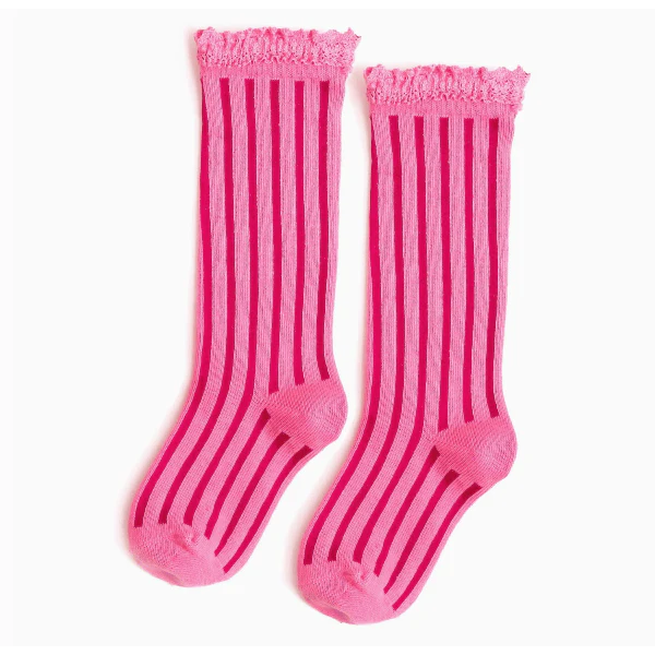 Little Stocking Co.- Lace Top Knee High Socks-Taffy Stripe