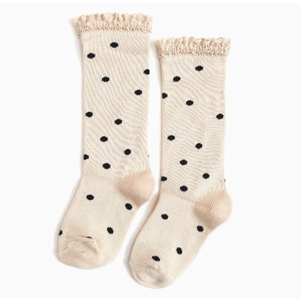 Little Stocking Co.- Lace Top Knee High Socks-Vanilla Dot