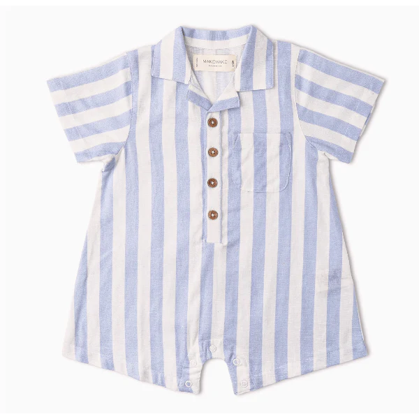 Makemake Organics Collared Romper- Blue Stripes