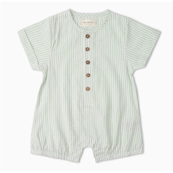 Makemake Organics Short Bubble Romper – Basil Stripes