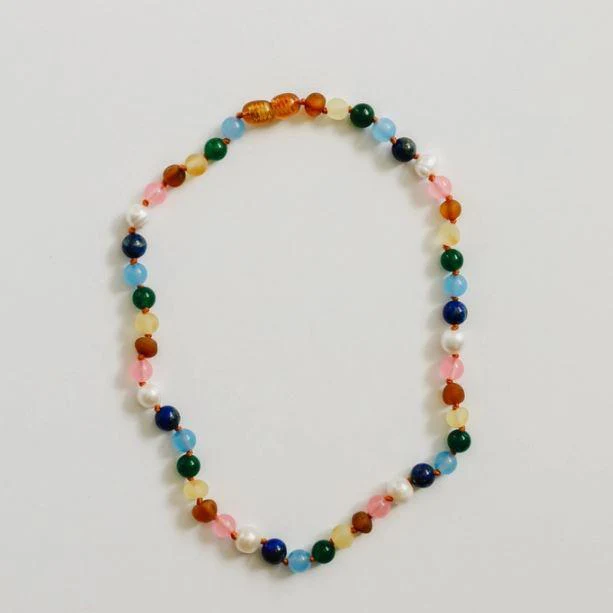 Canyonleaf Kids Raw Baltic Amber and Pearl Necklace + Sweet Pink Gemstones
