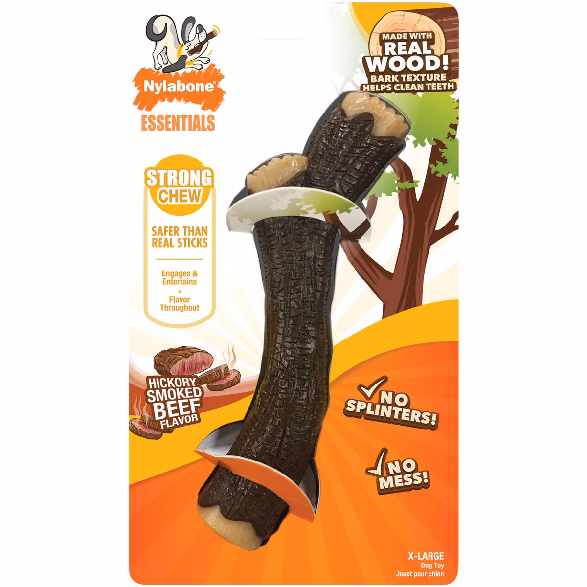Nylabone Hickory Smoked Beef Flavor Strong Chew Real Wood XL Dog Stick Toy