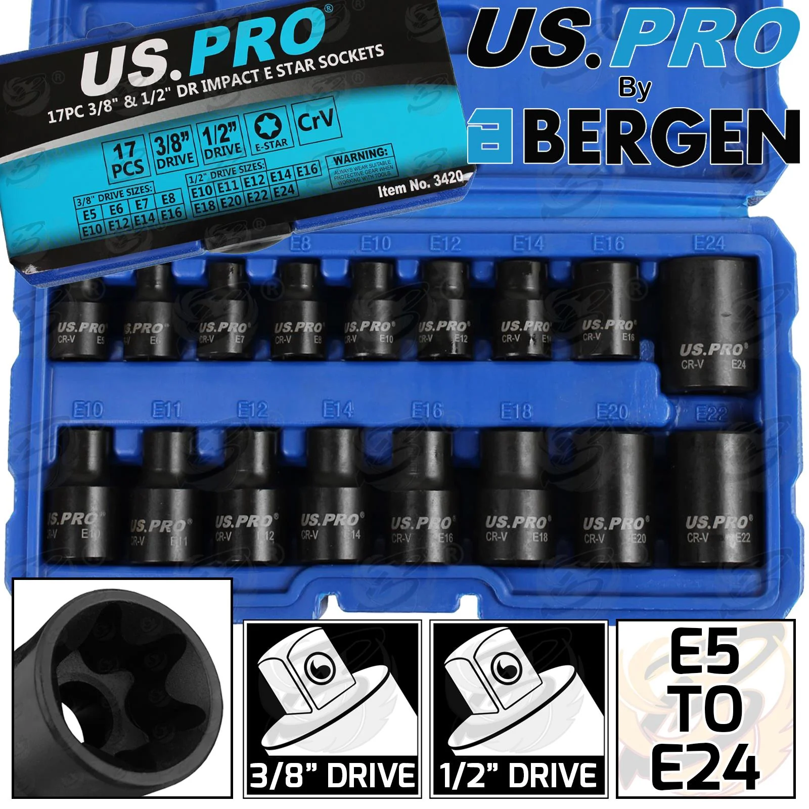 US Pro 17 Piece 3/8″ & 1/2″ Drive Impact E – Torx Sockets E5 – E24  3420