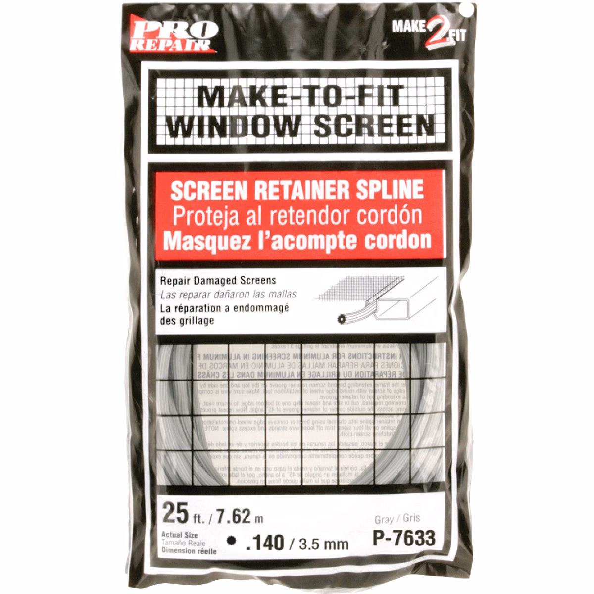 Prime-Line 0.140 In. Dia. x 25 Ft. L. Gray Vinyl Screen Retainer Spline