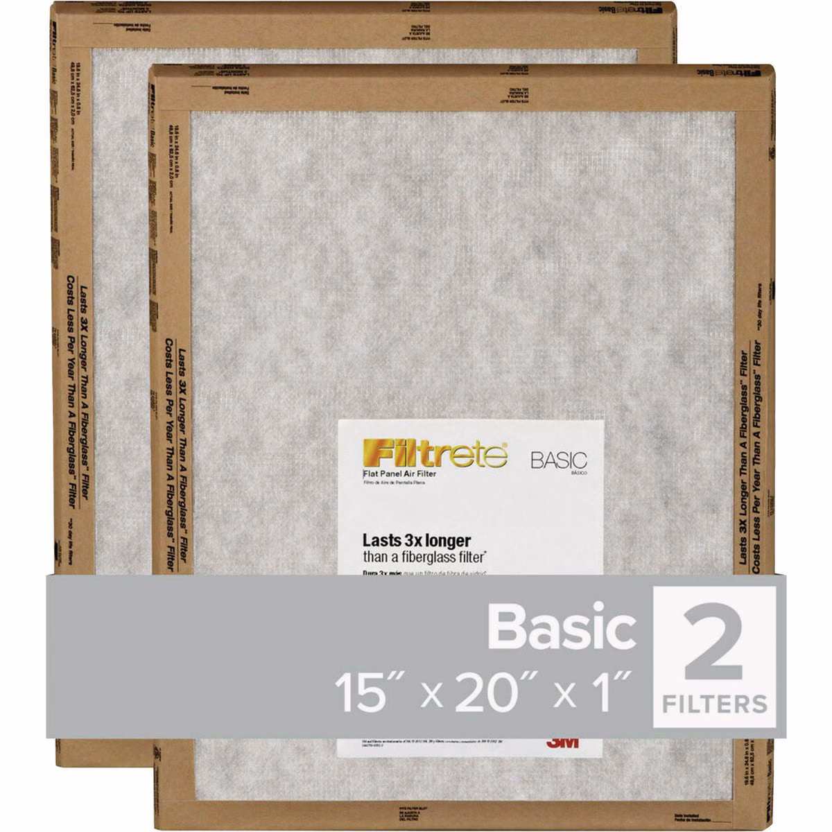 Filtrete 15 In. x 20 In. x 1 In. Basic MPR Flat Panel Furnace Filter, MERV 2 (2-Pack)