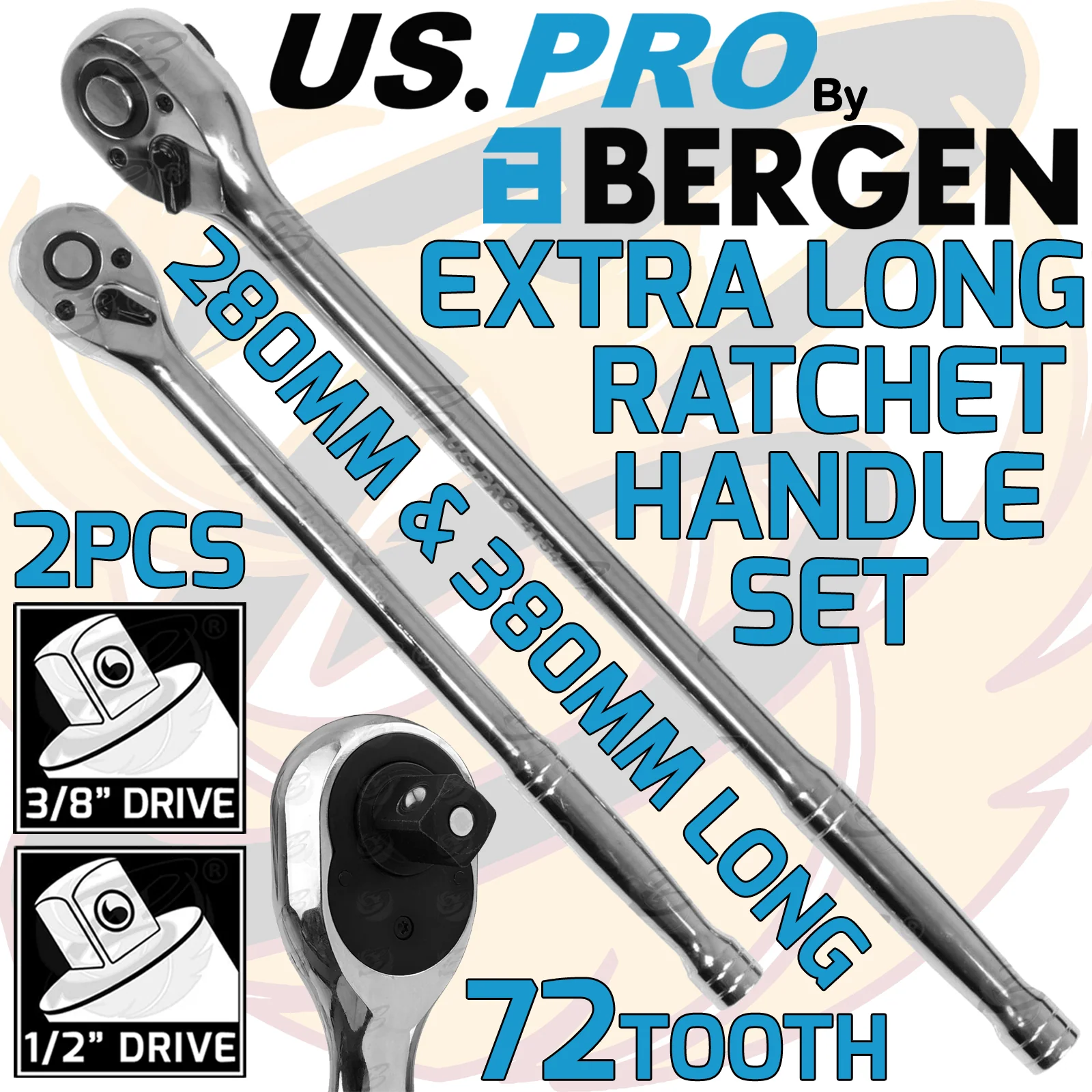 US Pro 2 Piece 3/8″ & 1/2″ Drive 72 Tooth Extra Long Ratchet Handles  4208