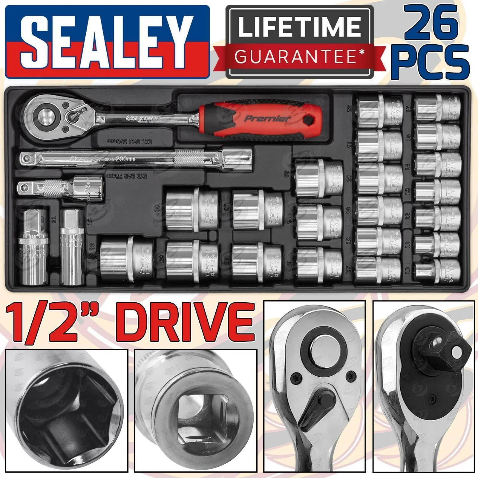 Sealey 26 Piece 1/2″ Drive 6 Point Socket Set 10mm – 32mm ( TBT35 )