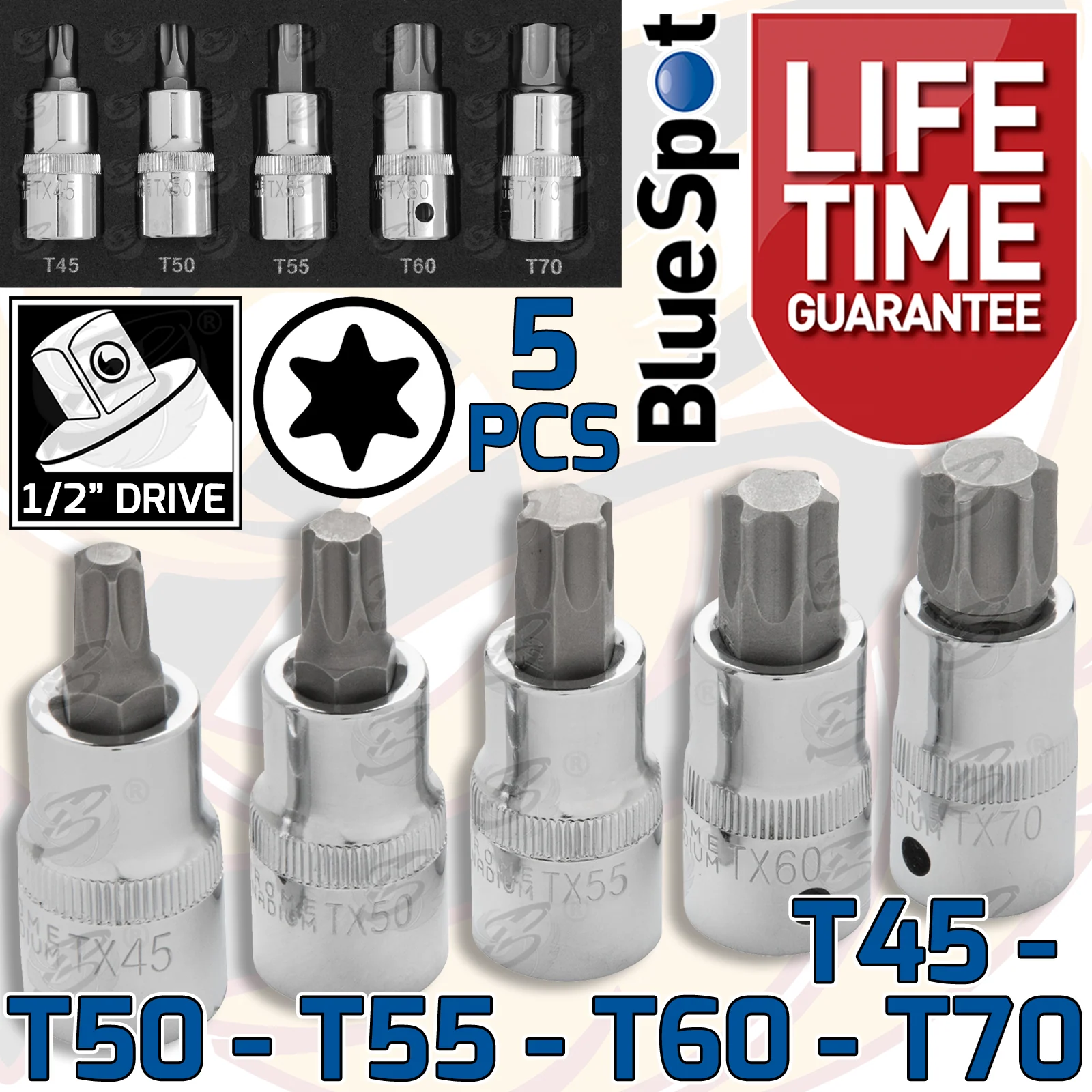 BlueSpot 5 Piece 1/2″ Drive Torx Bit Sockets ( T45 – T70 ) ( 01505 )