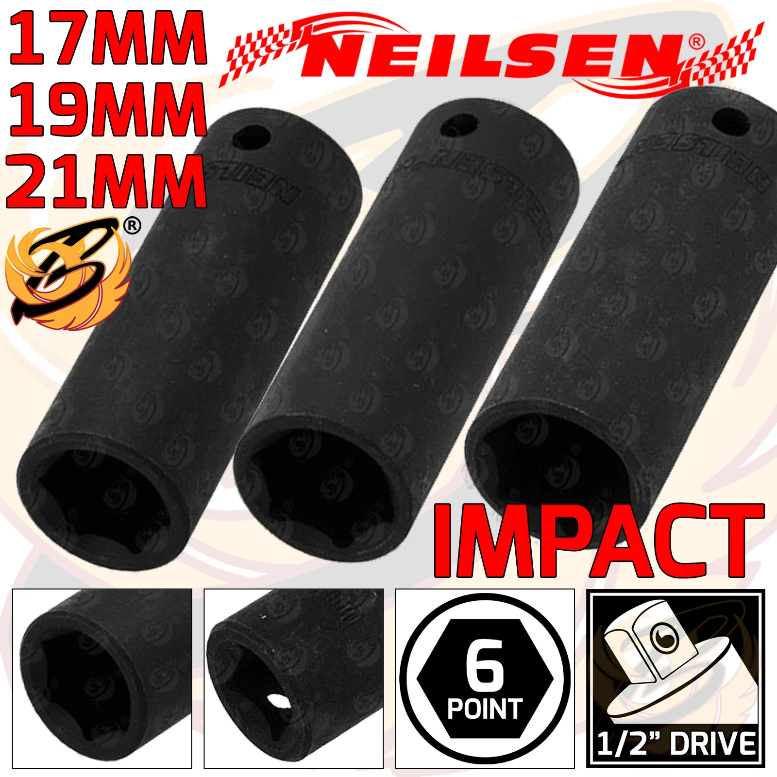 NEILSEN 3PCS 1/2″ DRIVE 6 POINT DEEP IMPACT SOCKETS 17MM – 19MM – 21MM